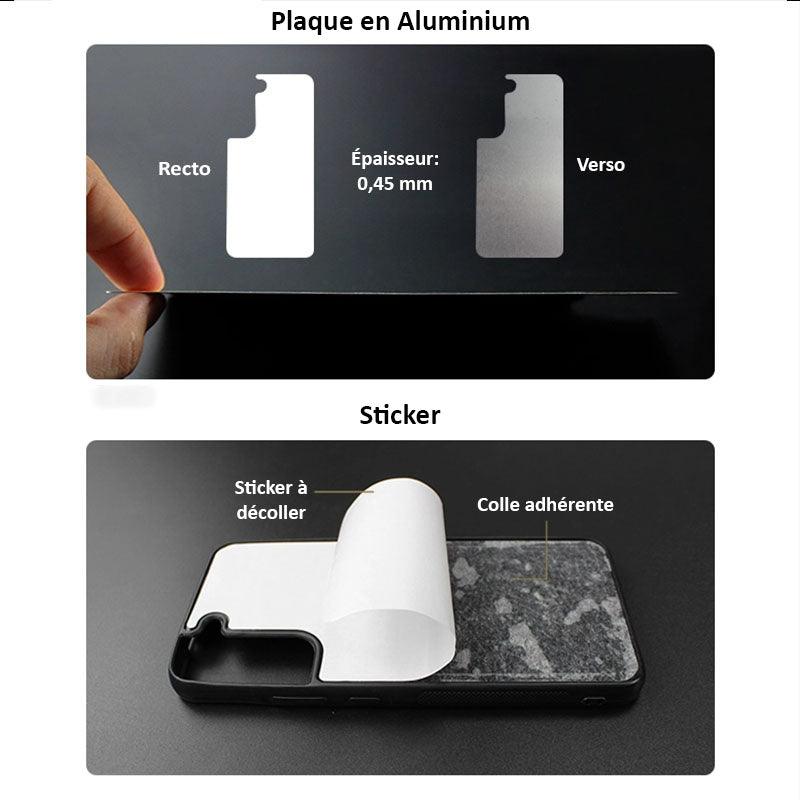 Coque sublimation 2D TPU pour smartphone. La plaque arrière en aluminium dédiée à la sublimation permet la personnalisation de la coque.