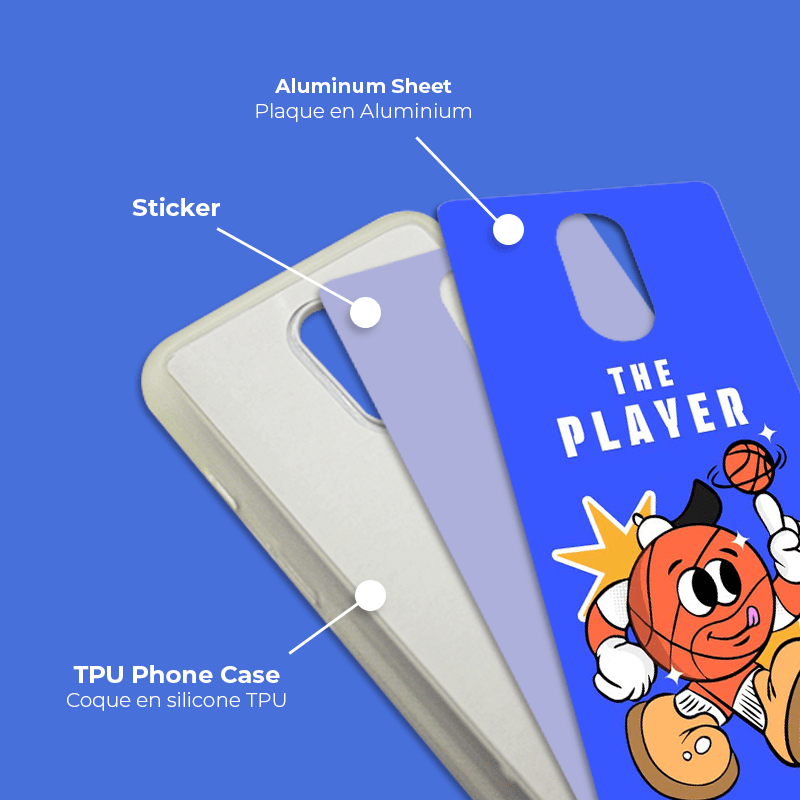 Coque sublimation 2D TPU pour OnePlus 7. La plaque arrière en aluminium dédiée à la sublimation permet la personnalisation de la coque.