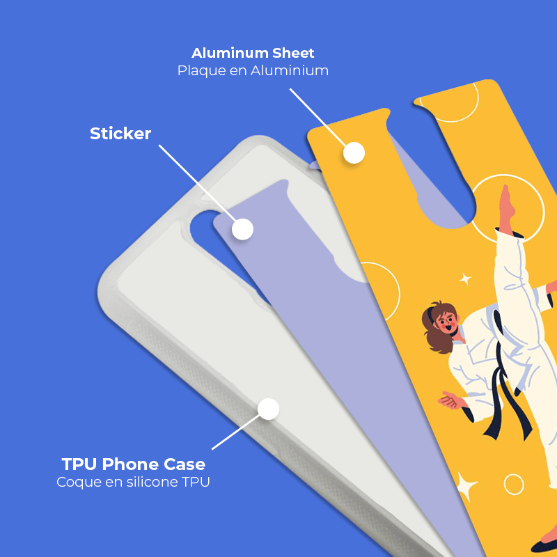 Coque sublimation 2D TPU pour Oppo F19 Pro Plus, F11. La plaque arrière en aluminium dédiée à la sublimation permet la personnalisation de la coque.