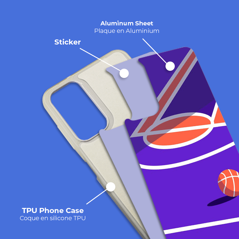 Coque sublimation 2D TPU pour Samsung Galaxy M80S, M60S, M51 M40, M31, M23, M13, M12, M10, M01. La plaque arrière en aluminium dédiée à la sublimation permet la personnalisation de la coque.