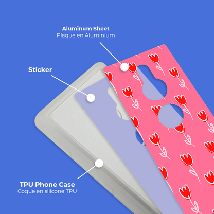 Coque sublimation 2D TPU pour Sony XPeria XZ3, XZ2 Mini, XZ2, XZ. La plaque arrière en aluminium dédiée à la sublimation permet la personnalisation de la coque.