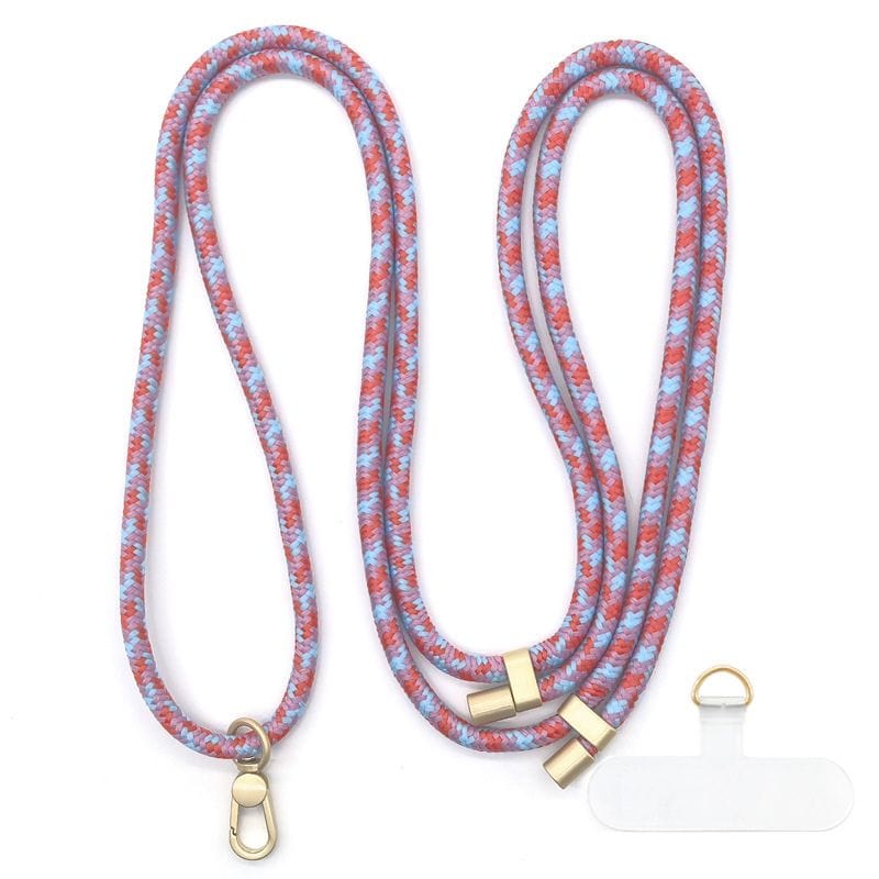 Cordon bariolé bleu et rose adaptable à toutes les coques de téléphone