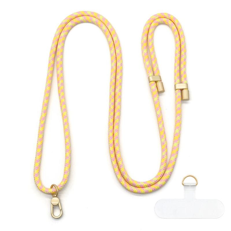 Cordon bariolé jaune vanille et rose clair adaptable à toutes les coques de téléphone
