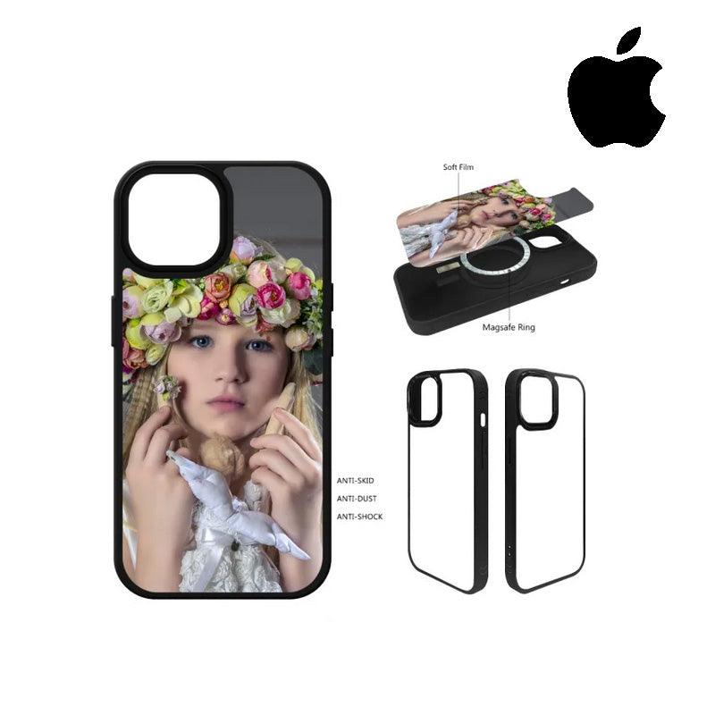 Coque sublimation 2D TPU pour Apple iPhone 15 Pro Max, 15 Pro, 15 Plus, 14, 13, 12, 11, XS, XR, X, SE, 8, 7, 6, 5, 4. La plaque arrière en aluminium dédiée à la sublimation permet la personnalisation de la coque.