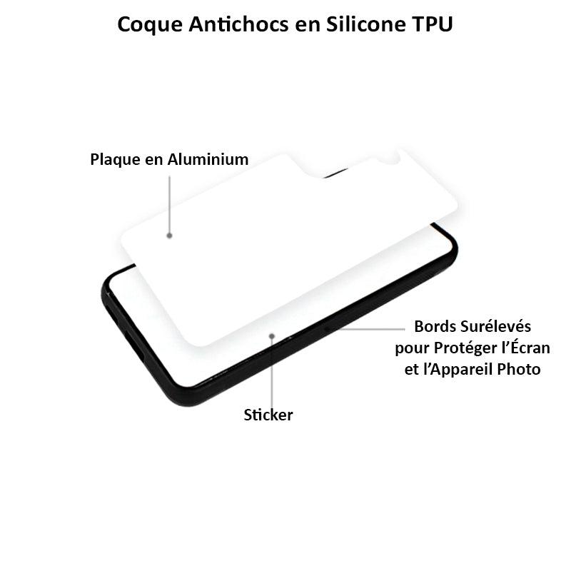 Coque sublimation 2D TPU pour smartphone. La plaque arrière en aluminium dédiée à la sublimation permet la personnalisation de la coque.