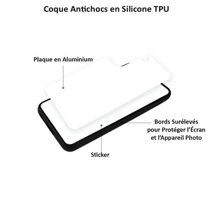 Coque sublimation 2D TPU pour smartphone. La plaque arrière en aluminium dédiée à la sublimation permet la personnalisation de la coque.
